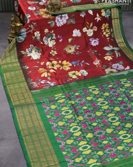 Pure kanjivaram silk saree maroon and green with allover floral digital prints and annam zari woven border