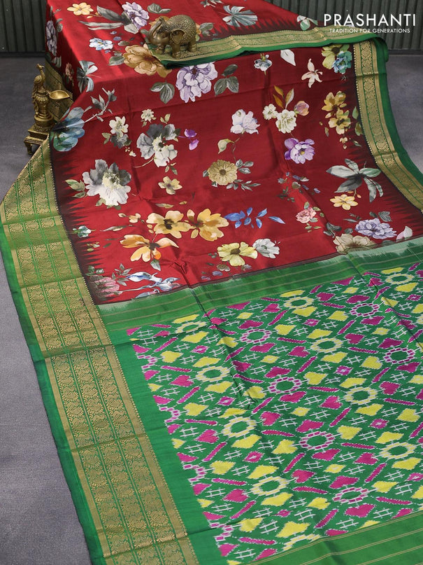 Pure kanjivaram silk saree maroon and green with allover floral digital prints and annam zari woven border