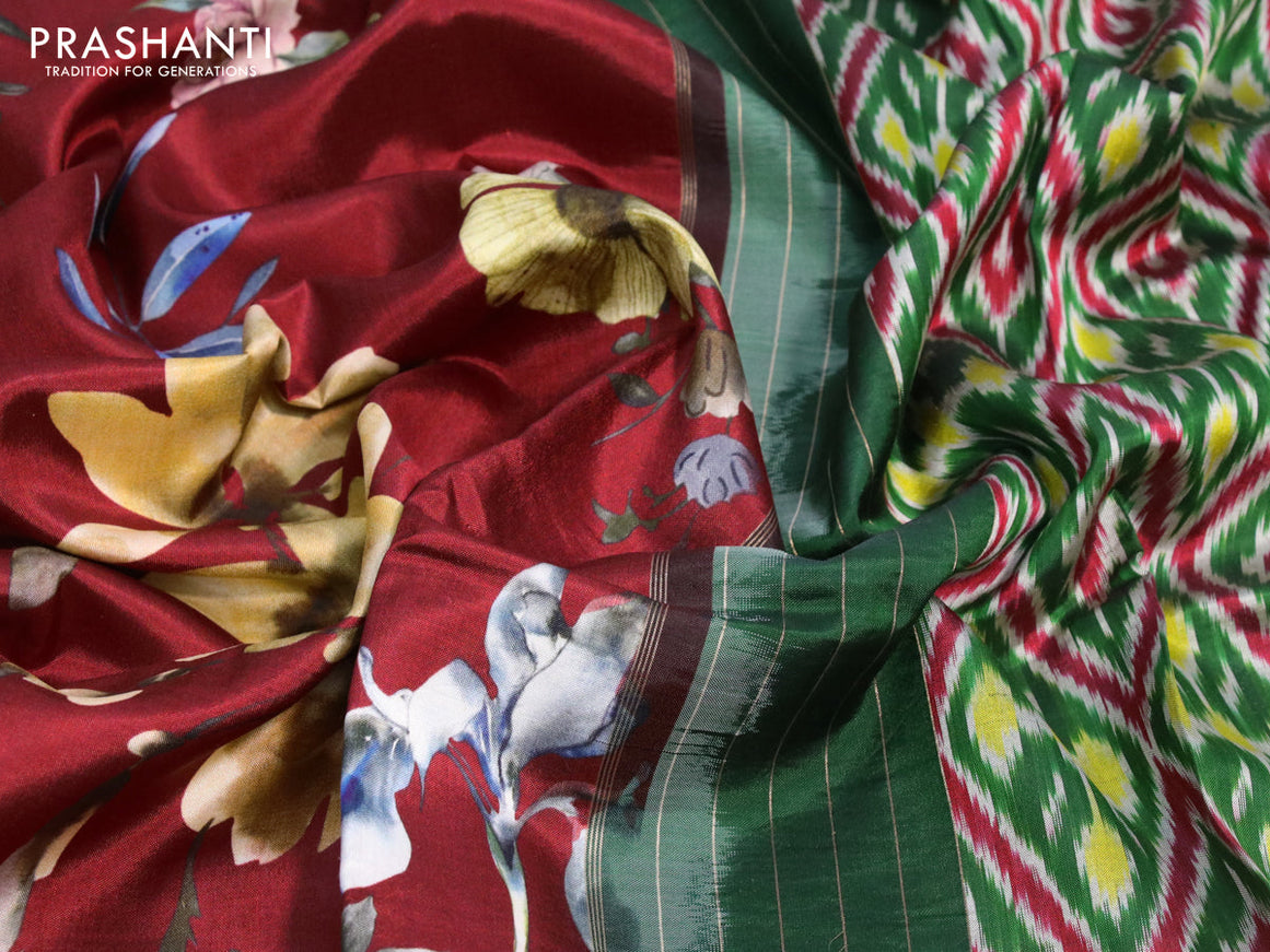 Pure kanjivaram silk saree maroon and green with allover floral digital prints and annam & elephant design zari woven border