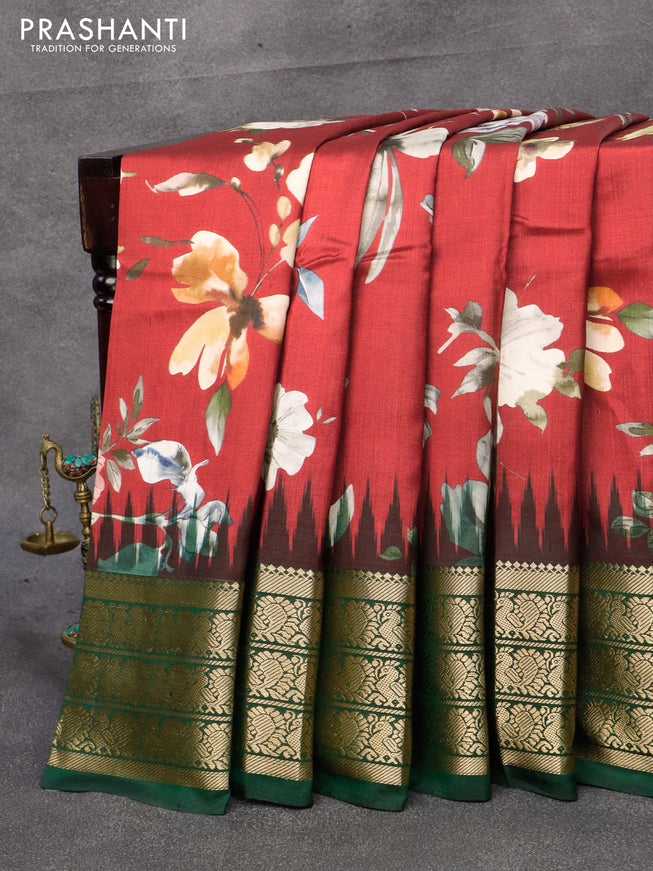 Pure kanjivaram silk saree maroon and green with allover floral digital prints and annam zari woven border