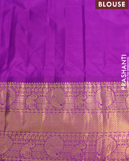Pure gadwal silk saree cs blue and purple with allover zari woven buttas and temple design long elephant & peacock zari woven border