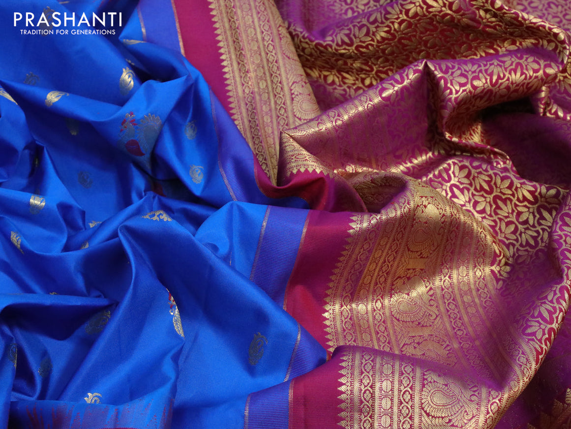 Pure gadwal silk saree cs blue and purple with zari woven annam buttas and long annam zari woven border