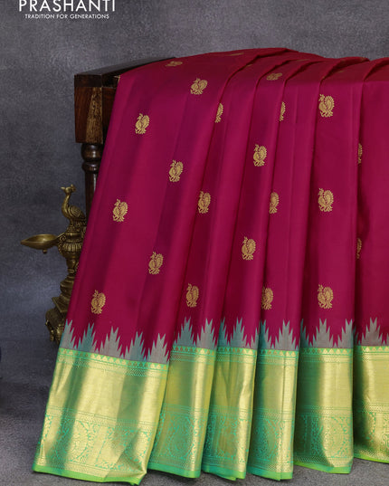 Pure gadwal silk saree dark pink and green with zari woven buttas and temple design zari woven border