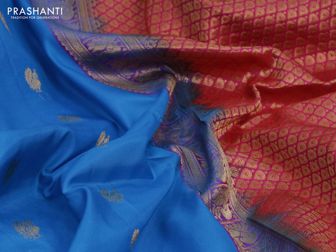 Pure gadwal silk saree cs blue and dual shade of pink with allover annam zari woven buttas and temple design annam zari woven border