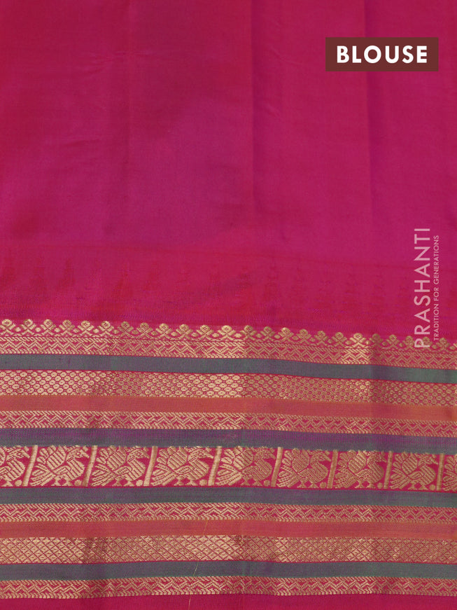 Pure gadwal silk saree cs blue and dual shade of pink with allover annam zari woven buttas and temple design annam zari woven border