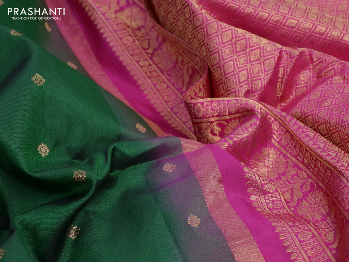 Pure gadwal silk saree green and pink with allover zari woven butta weaves and temple design zari woven border