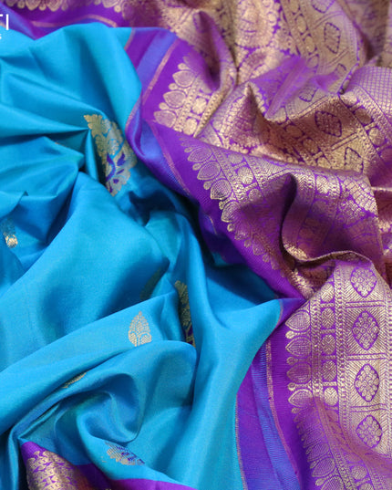 Pure gadwal silk saree cs blue and violet with zari woven buttas and long zari woven border