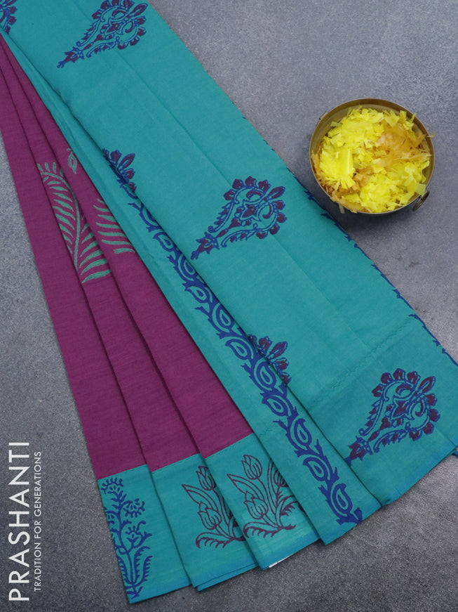 Poly cotton saree dark magenta pink and teal blue with hand block prints and printed border