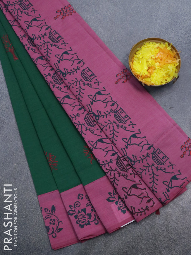 Poly cotton saree green and mauve pink with hand block prints and printed border