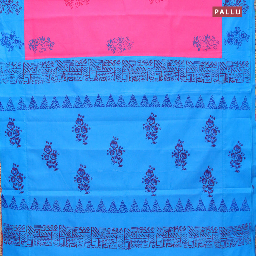 Poly cotton saree candy pink and light blue with hand block prints and printed border
