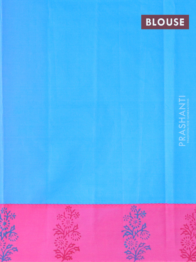 Poly cotton saree candy pink and light blue with hand block prints and printed border