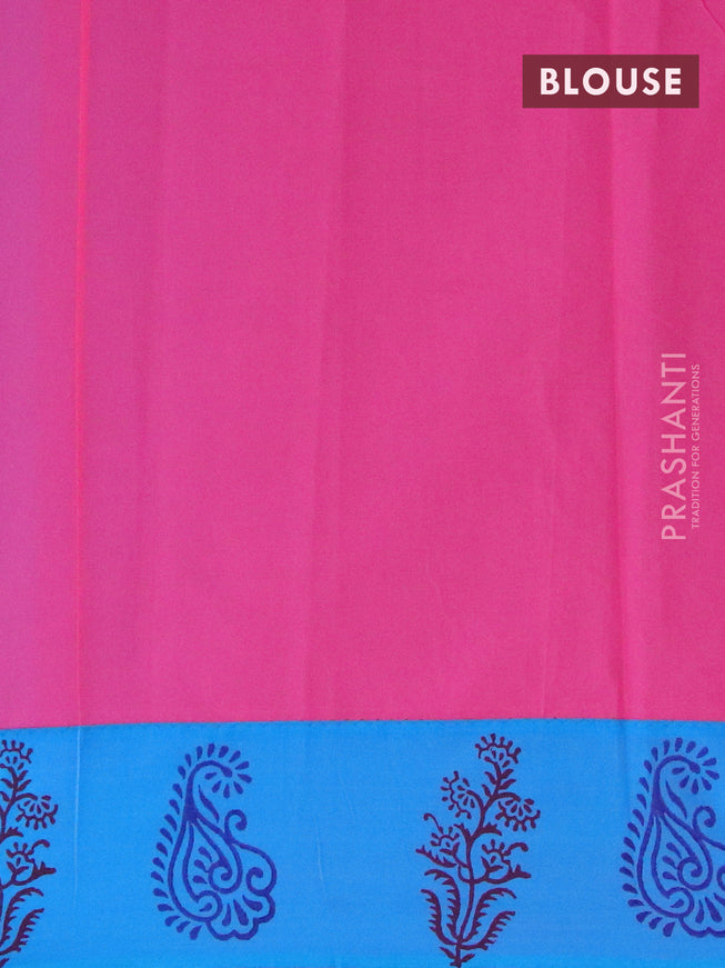 Poly cotton saree blue and pink with hand block prints and printed border