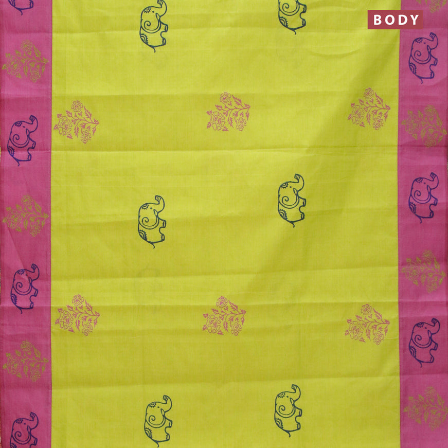 Poly cotton saree fluorescent green and mauve pink with hand block prints and printed border