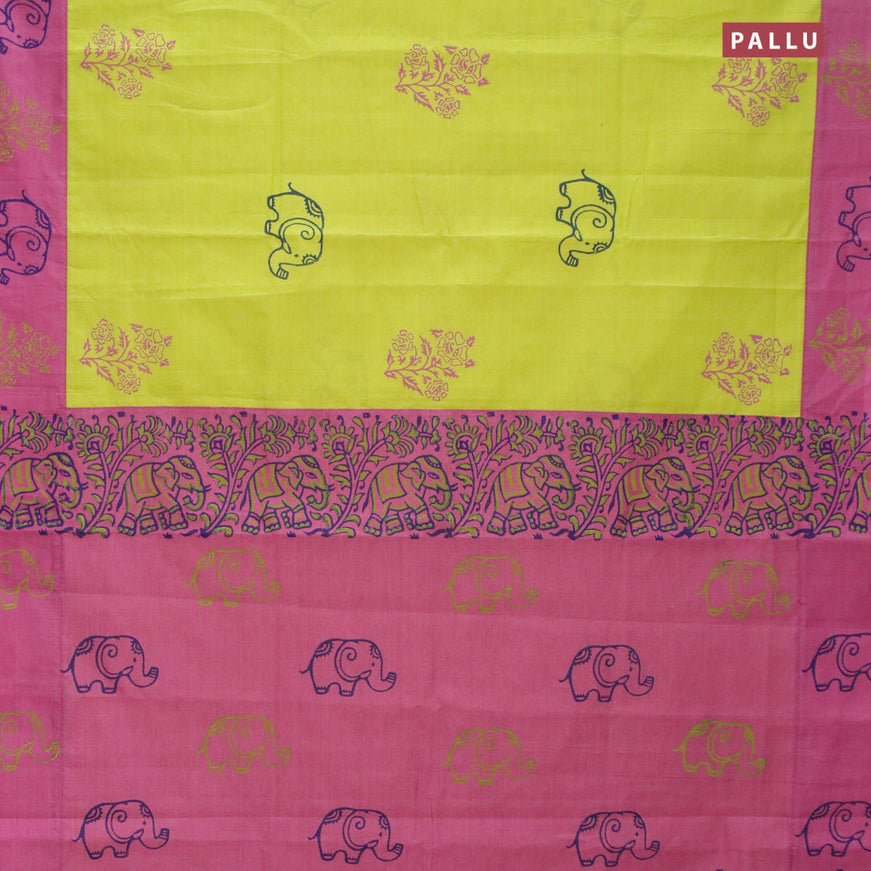 Poly cotton saree fluorescent green and mauve pink with hand block prints and printed border