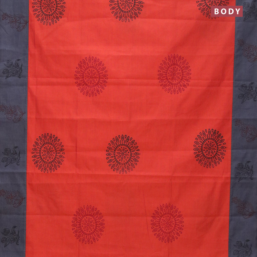 Poly cotton saree orange and elephant grey with hand block prints and printed border