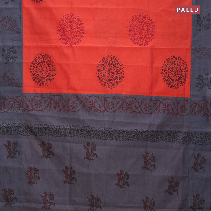 Poly cotton saree orange and elephant grey with hand block prints and printed border