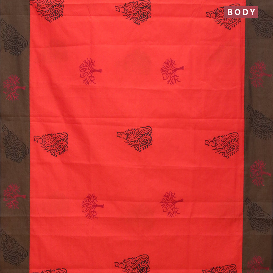 Poly cotton saree orange and brown with hand block prints and printed border