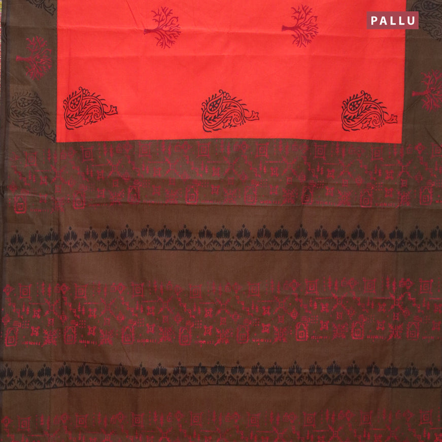 Poly cotton saree orange and brown with hand block prints and printed border