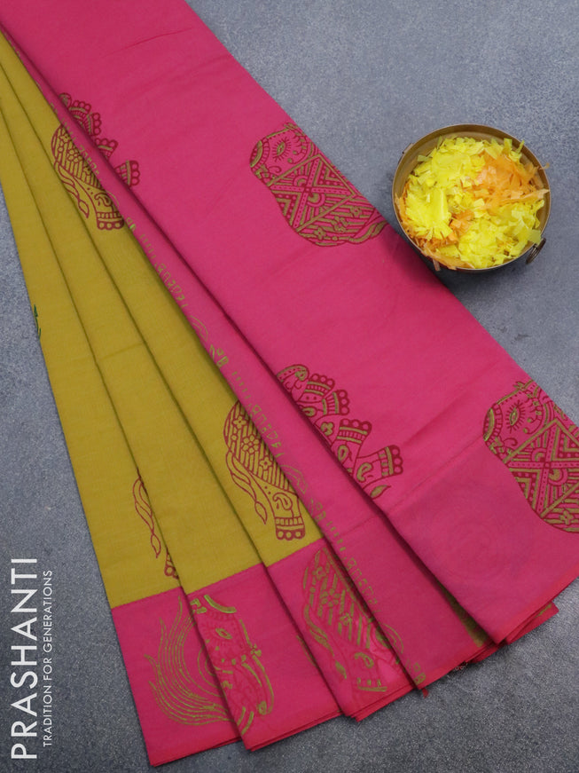 Poly cotton saree mustard yellow and pink with hand block prints and printed border
