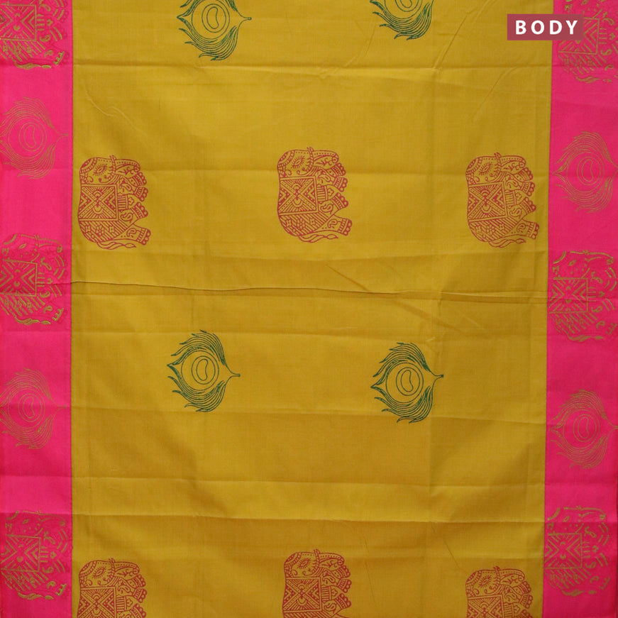 Poly cotton saree mustard yellow and pink with hand block prints and printed border