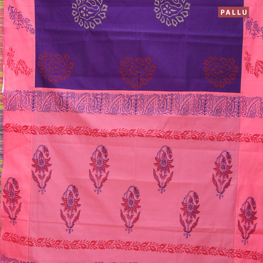 Poly cotton saree violet and light pink with hand block prints and printed border