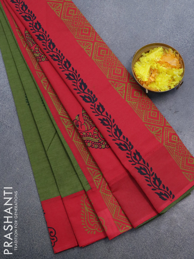 Poly cotton saree green and red with hand block prints and printed border