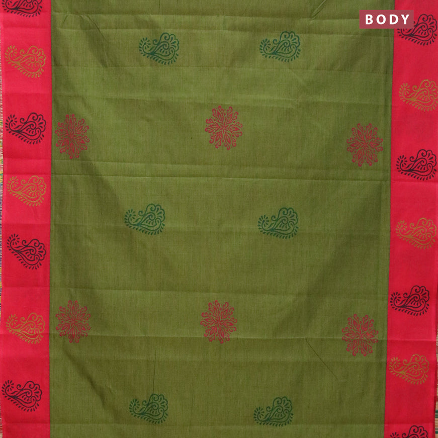 Poly cotton saree green and red with hand block prints and printed border
