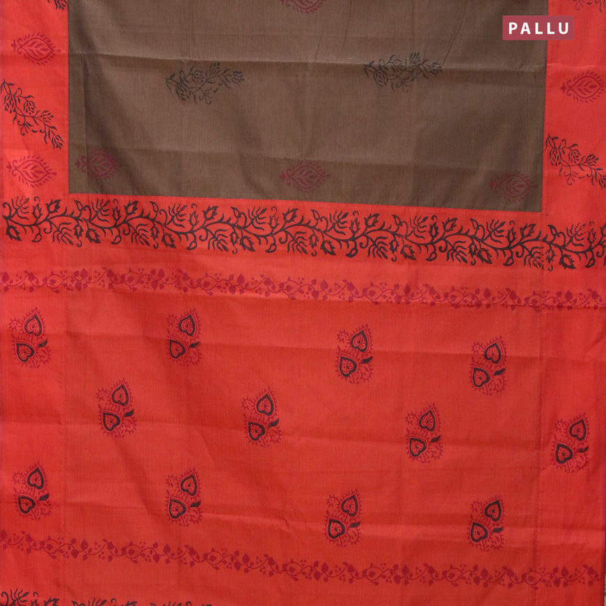 Poly cotton saree dark brown and rustic orange with hand block prints and printed border