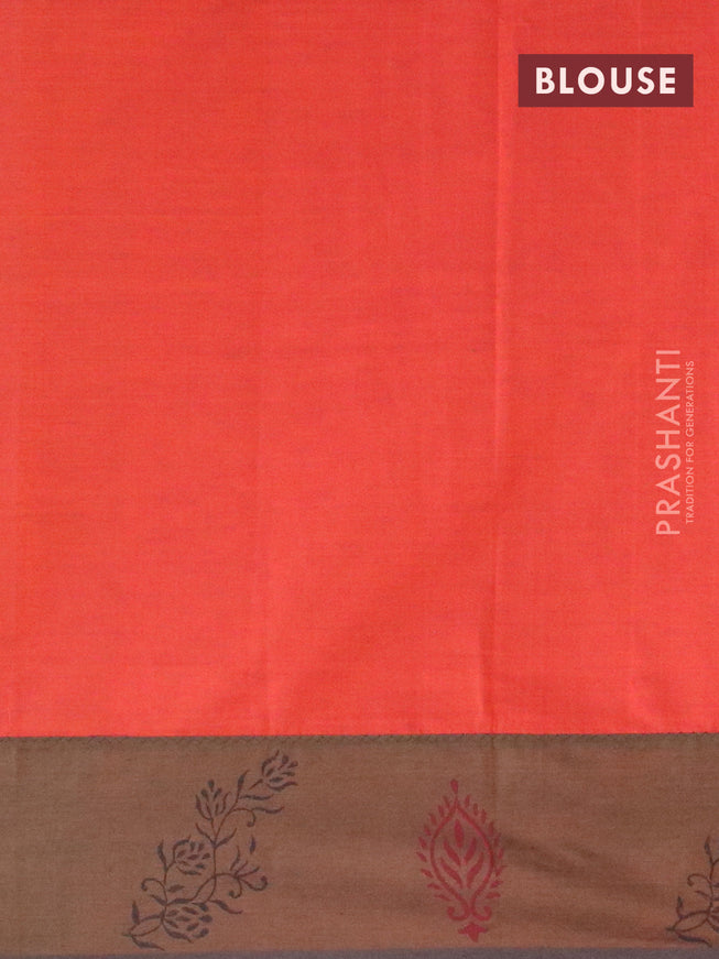 Poly cotton saree dark brown and rustic orange with hand block prints and printed border