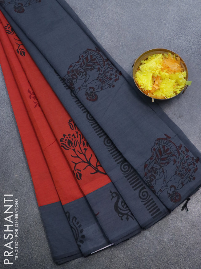 Poly cotton saree red and elephant grey with hand block prints and printed border