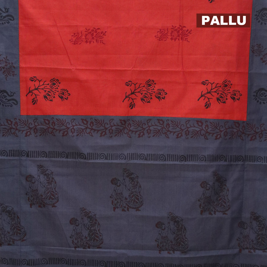 Poly cotton saree red and elephant grey with hand block prints and printed border