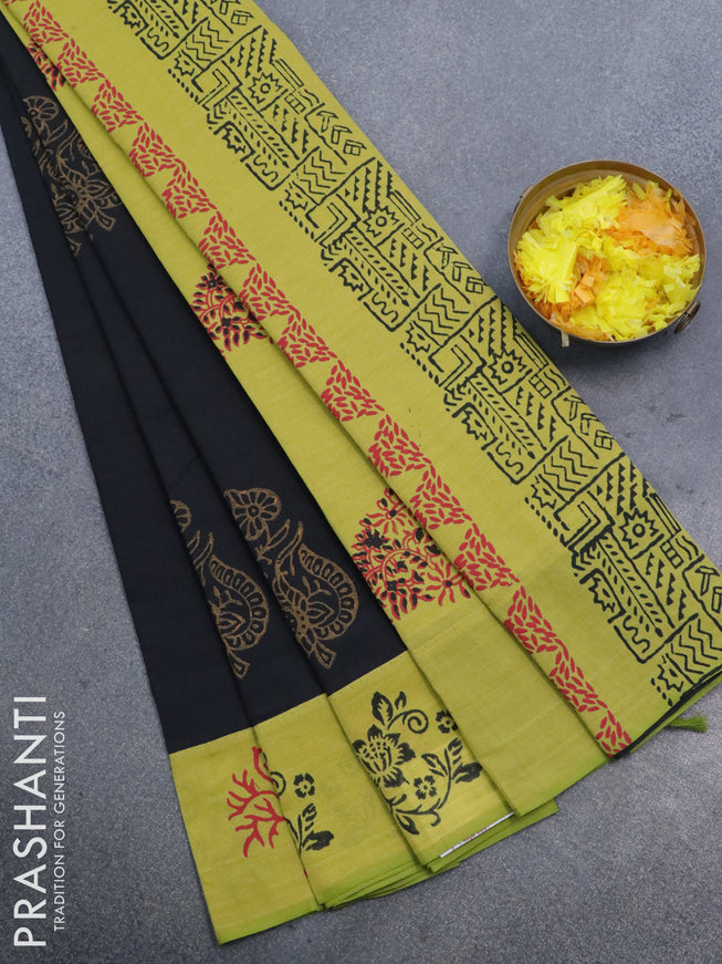 Poly cotton saree black and lime yellow with hand block prints and printed border