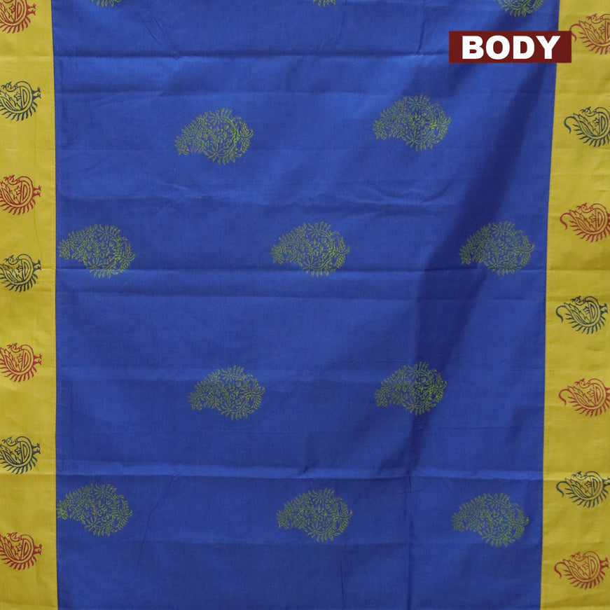 Poly cotton saree blue and lime yellow with hand block prints and printed border