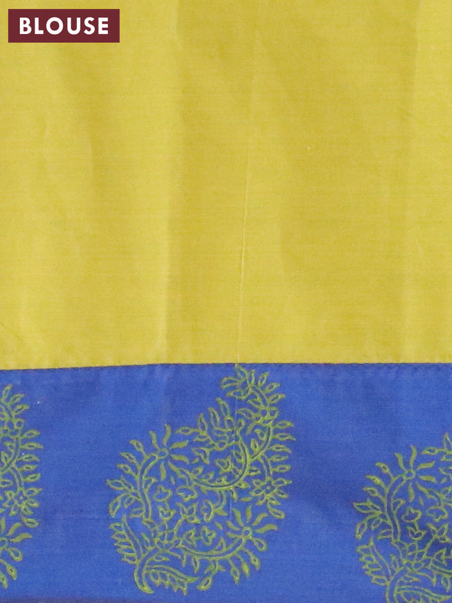 Poly cotton saree blue and lime yellow with hand block prints and printed border