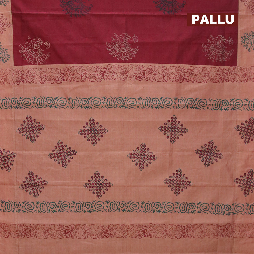 Poly cotton saree maroon and sandal with hand block prints and printed border