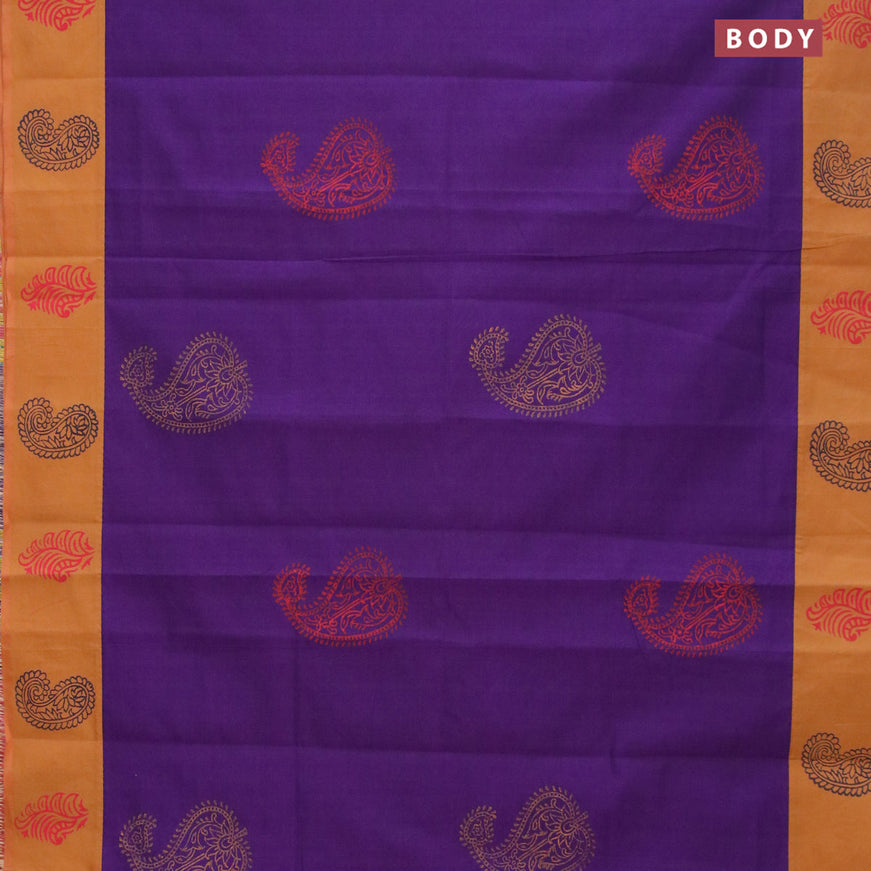 Poly cotton saree violet and mustard yellow with hand block prints and printed border
