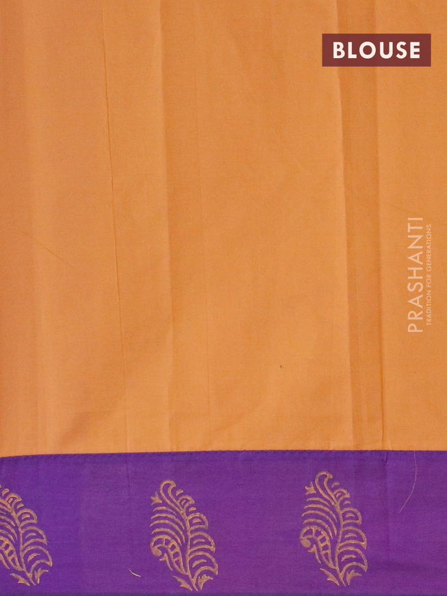 Poly cotton saree violet and mustard yellow with hand block prints and printed border