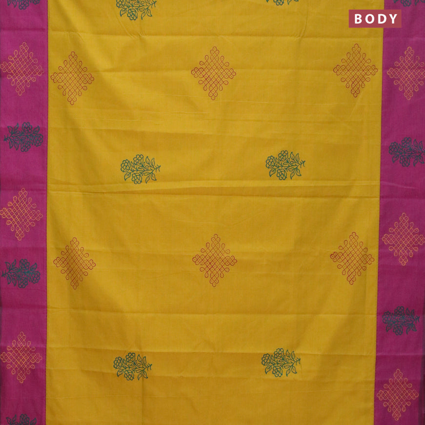 Poly cotton saree mustard yellow and purple with hand block prints and printed border