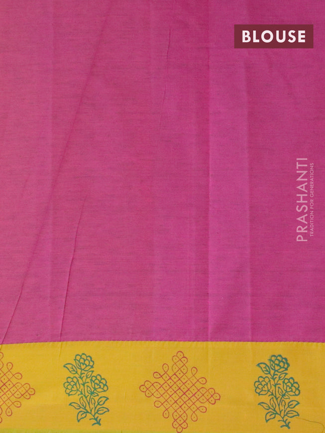 Poly cotton saree mustard yellow and purple with hand block prints and printed border
