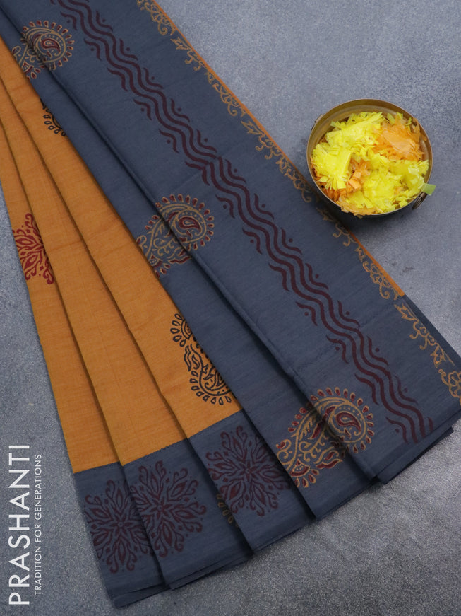 Poly cotton saree dark mustard and grey with hand block prints and printed border