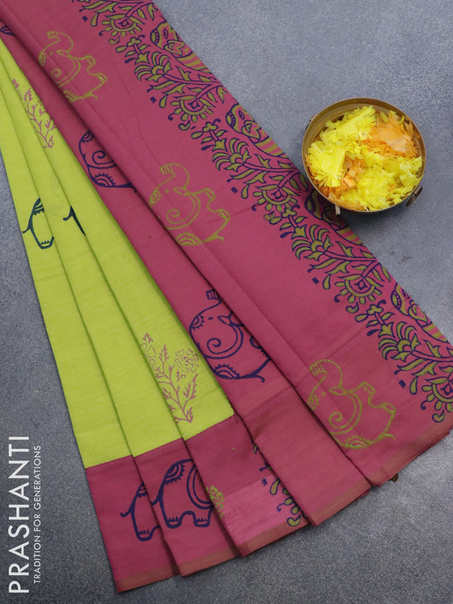 Poly cotton saree light green and pink shade with hand block prints and printed border