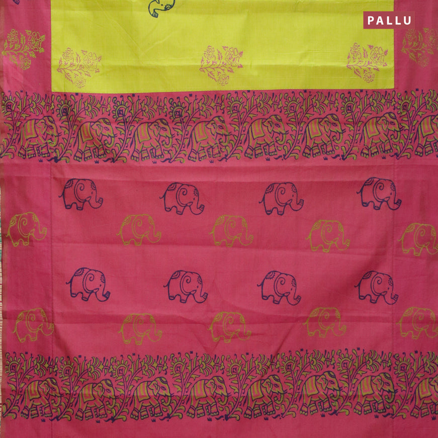 Poly cotton saree light green and pink shade with hand block prints and printed border