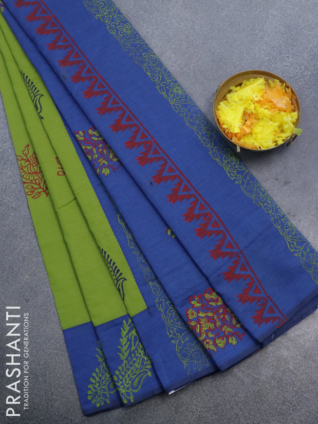 Poly cotton saree mehendi green and blue with hand block prints and printed border