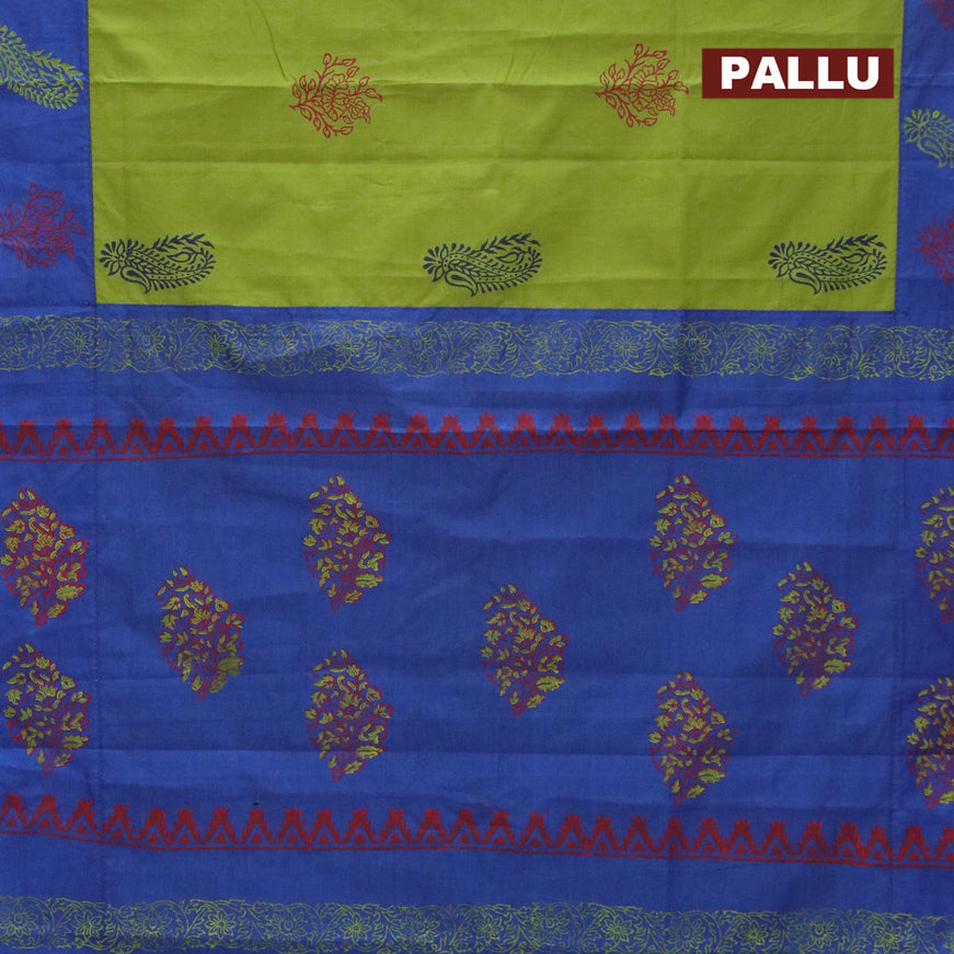 Poly cotton saree mehendi green and blue with hand block prints and printed border