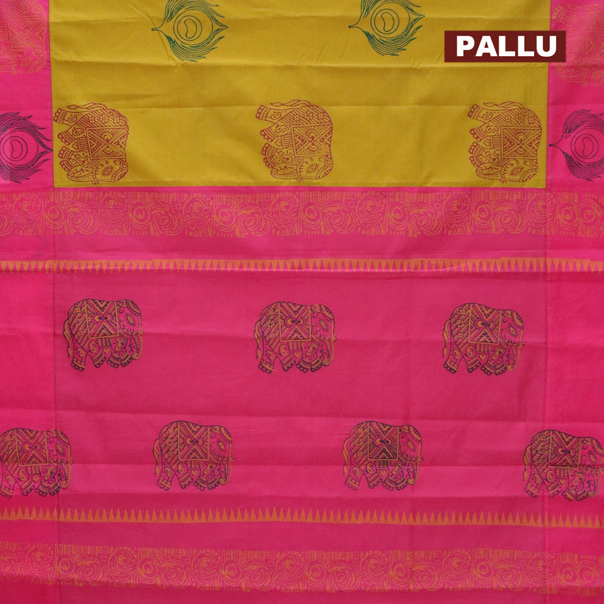 Poly cotton saree mustard shade and pink with hand block prints and printed border