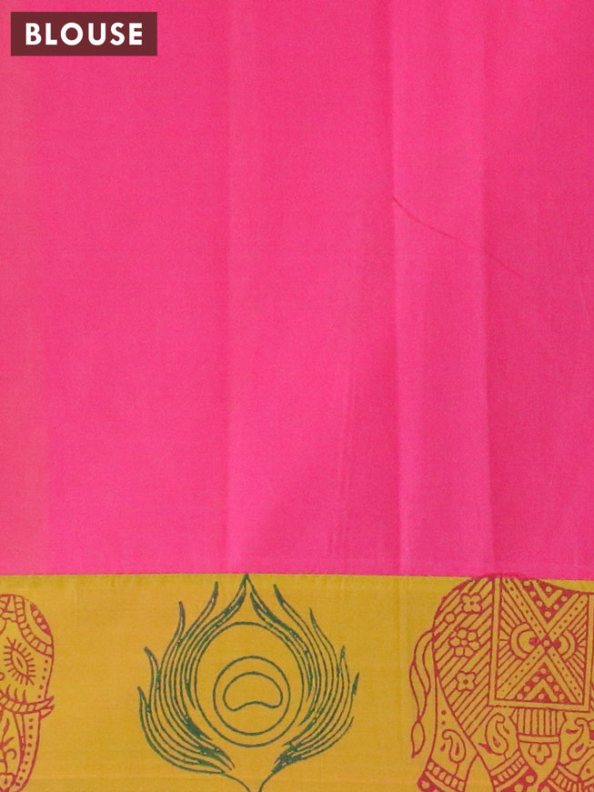 Poly cotton saree mustard shade and pink with hand block prints and printed border