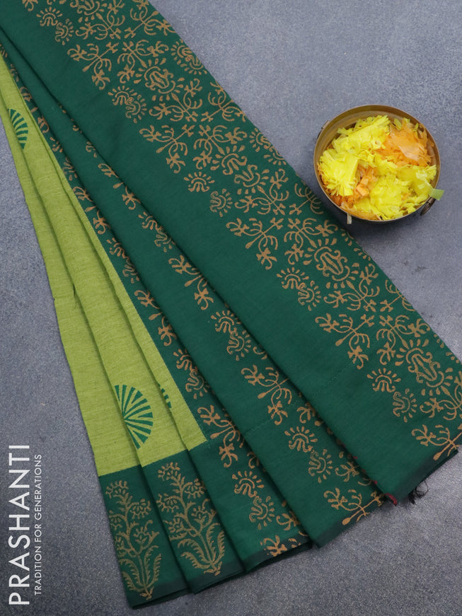 Poly cotton saree green shade and dark green with hand block prints and printed border