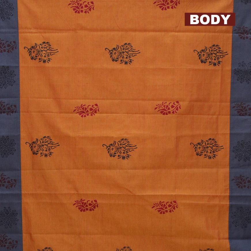 Poly cotton saree dual shade of dark mustard and grey with hand block prints and printed border