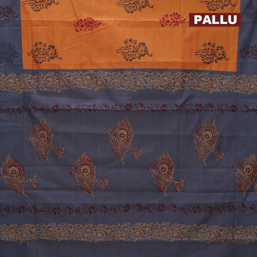 Poly cotton saree dual shade of dark mustard and grey with hand block prints and printed border