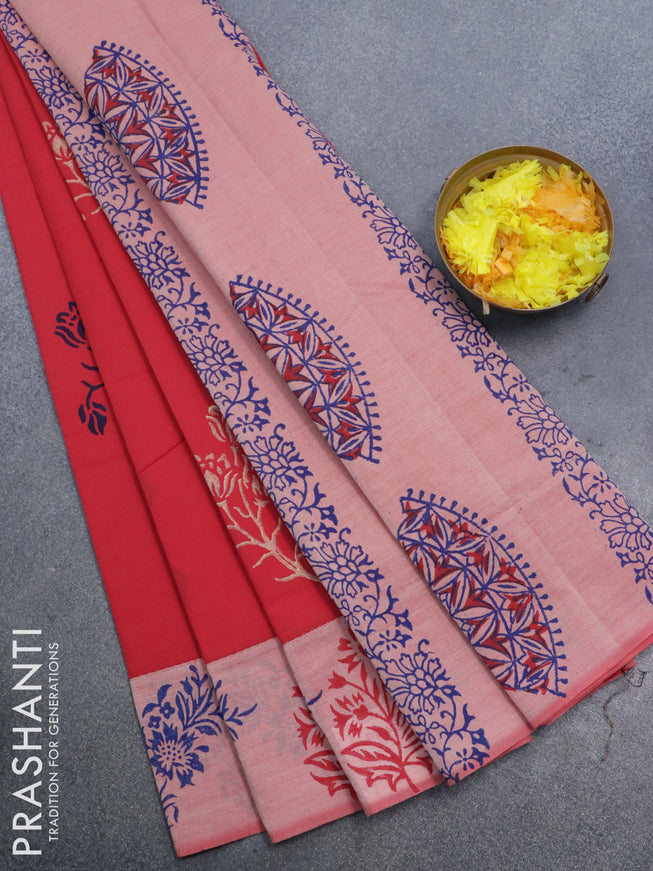 Poly cotton saree red and peach shade with hand block prints and printed border